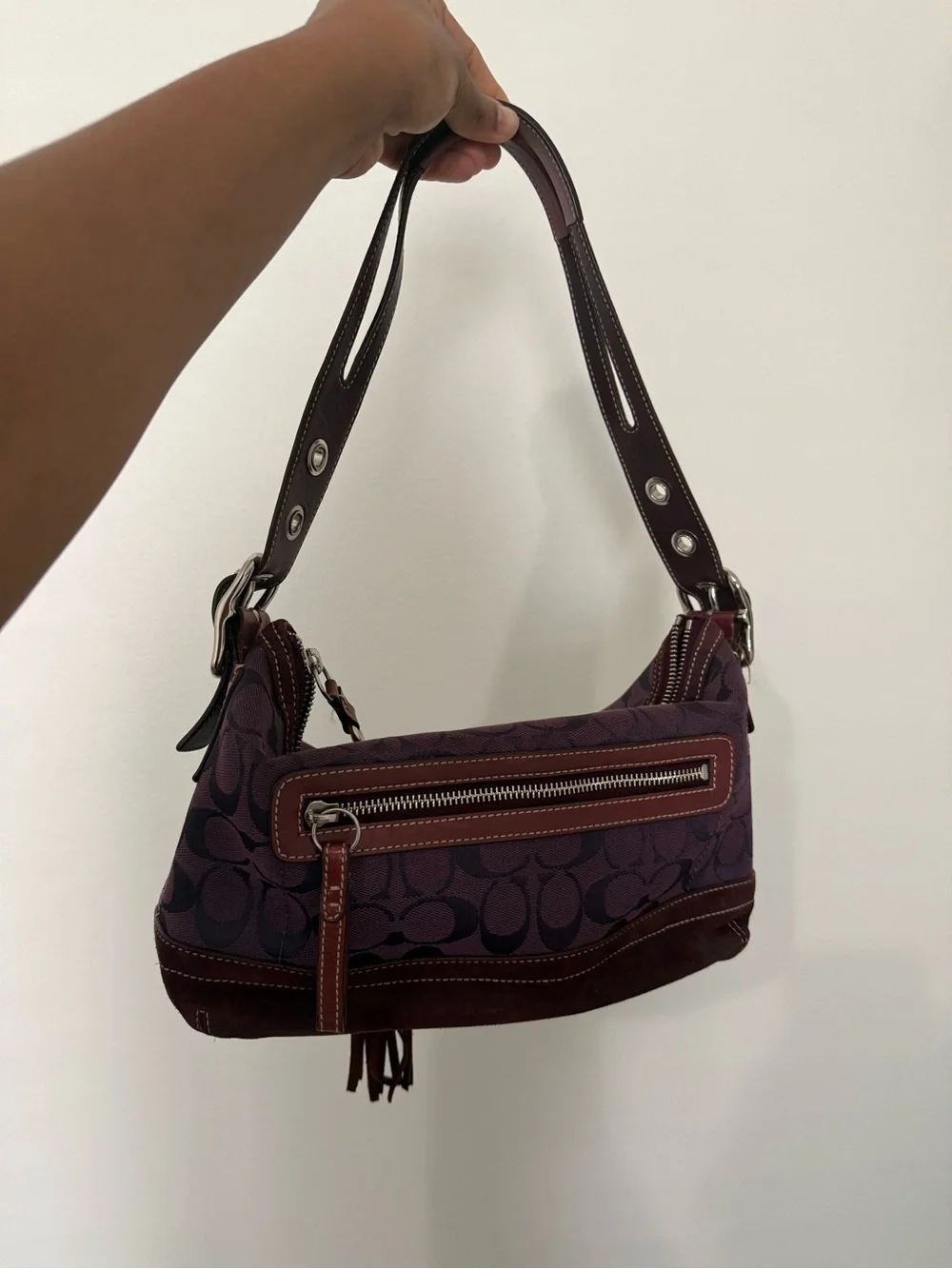Coach Plum Signature Jacquard Shoulder Bag with Tassel